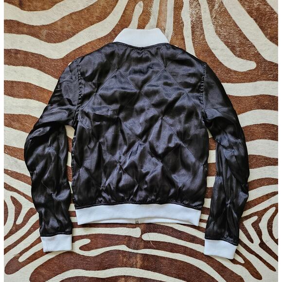 VINTAGE Playboy Y2K 90’s Black & White Silky Bomber Jacket Pockets Medium - Picture 2 of 7